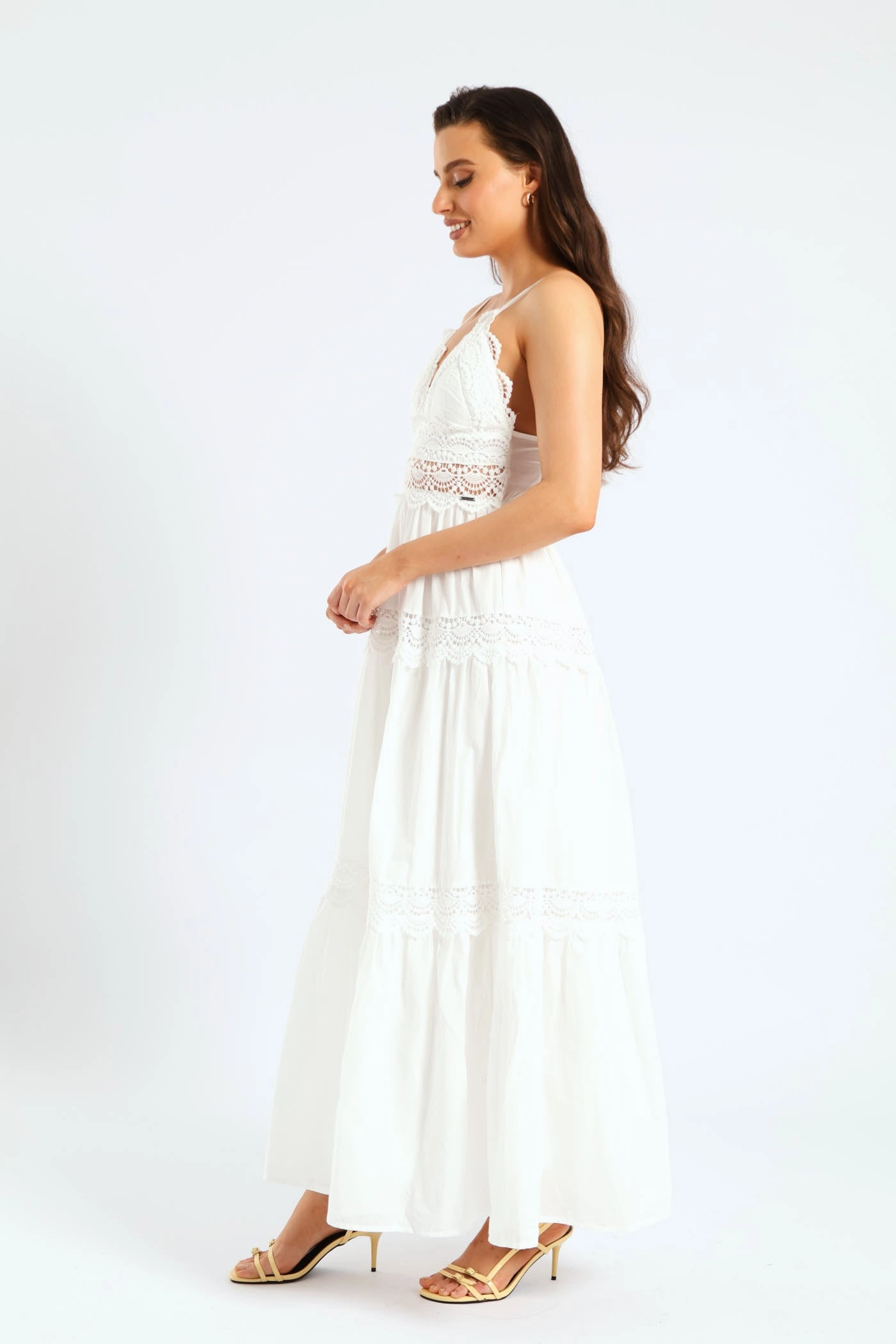 Vibrant Design Aurelia Tiered Lace Maxi Dress - White
