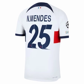 Ultra Comfort Chic Design Nike Paris Saint-Germain Authentic Nuno Mendes Match Vaporknit Away Jersey w/ Champions League Patches 23/24 (White/Midnight Navy)
