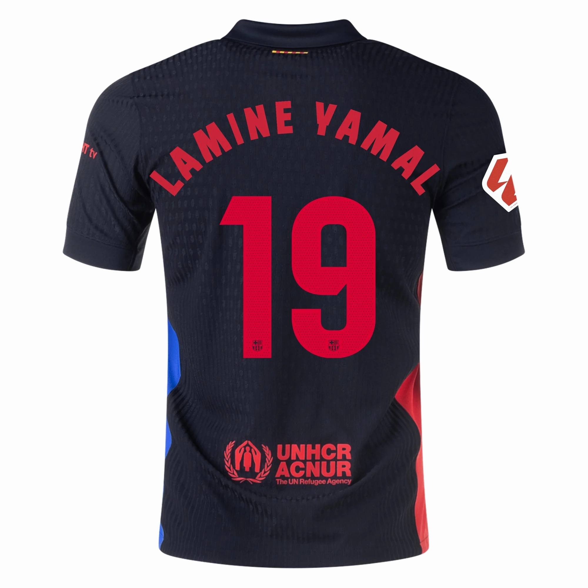 Nike Barcelona Authentic Lamine Yamal Away Jersey w/ La Liga Patch 24/25 (Black/University Red/Hyper Royal) Advanced Elasticity Fibers Dynamic Fit