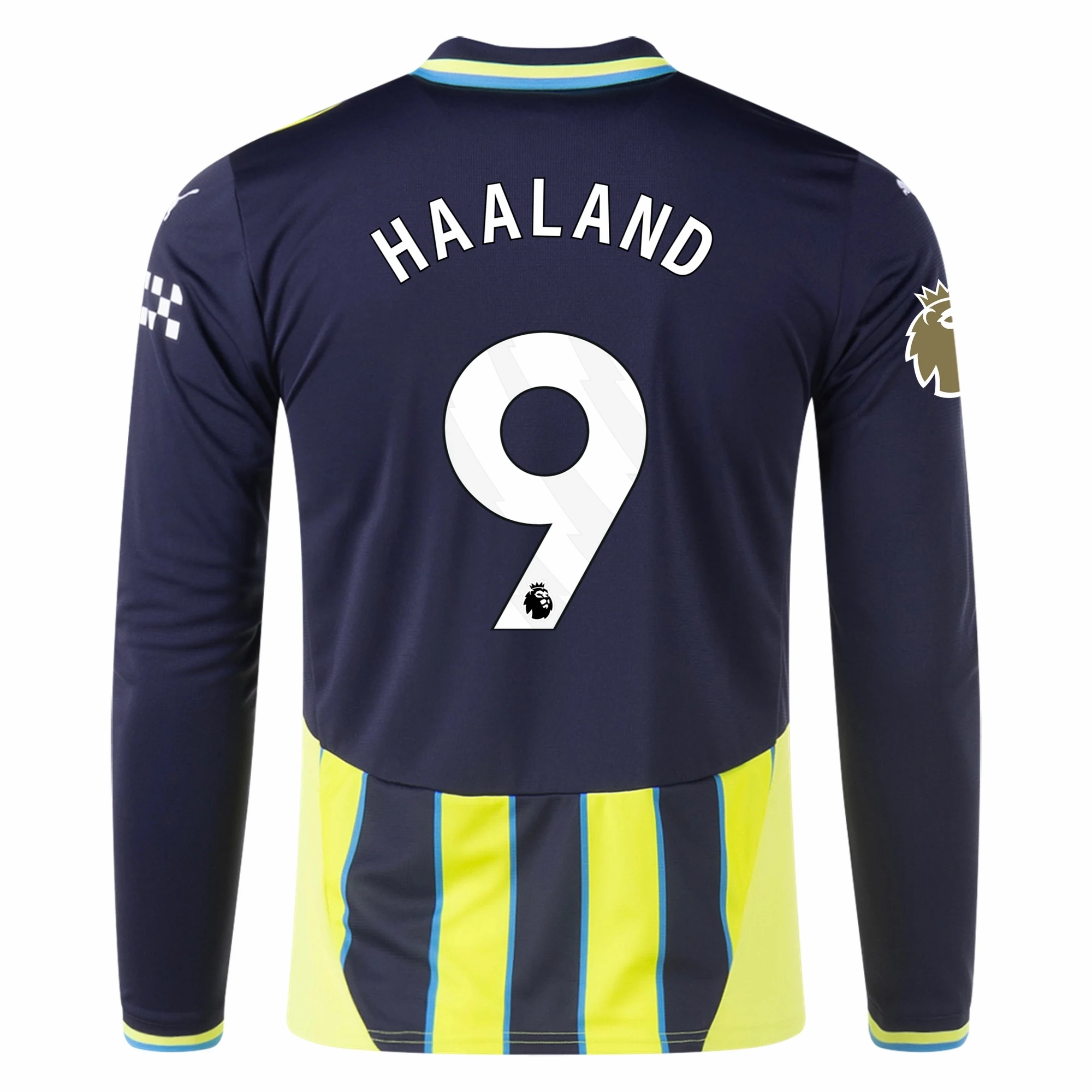 Puma Manchester City Erling Haaland Long Sleeve Away Jersey w/ EPL   Club World Cup Patch 24/25 (New Navy/Yellow Glow) Agile Motion Microfiber Performance Blend