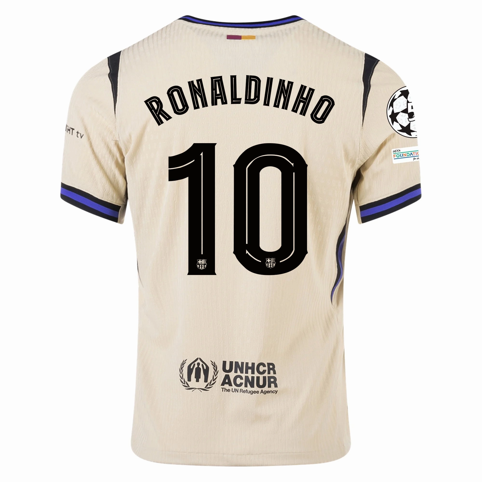 Precision Cut Fluid Fabric Nike Ronaldinho Men's FC Barcelona Authentic Away Jersey w/ Champions League Patches (Team Gold/Persian Violet/Black)