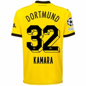 Puma Borussia Dortmund Abdoulaye Kamara Home Jersey w/ Champions League Patches 23/24 (Cyber Yellow/Puma Black) Chill Days Compression Fit Tech