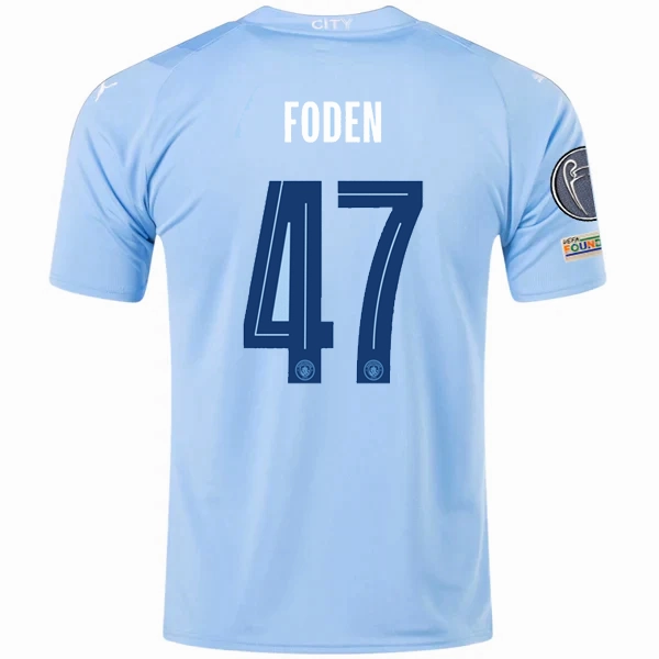 Flexible Cuff Design Puma Manchester City Phil Foden Home Jersey w/ Champions League   Club World Cup Patches 23/24 (Team Light Blue/Puma White)