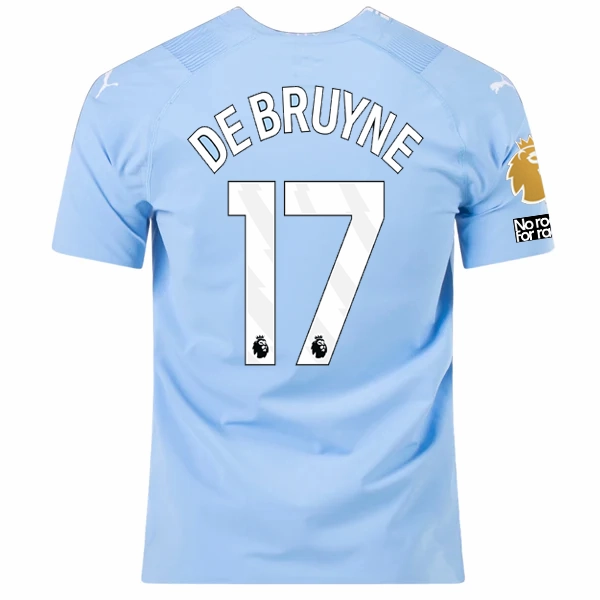Puma Manchester City Authentic Kevin De Bruyne Home Jersey w/ EPL   No Room For Racism   Club World Cup Patches 23/24 (Team Light Blue/Puma White) Breathable Sportswear Fabric