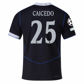 Low Profile Silhouette Nike Caicedo Chelsea T90 Authentic Third Jersey w/ Champions League & World Champions Patch 25/26 (Black/Silver)