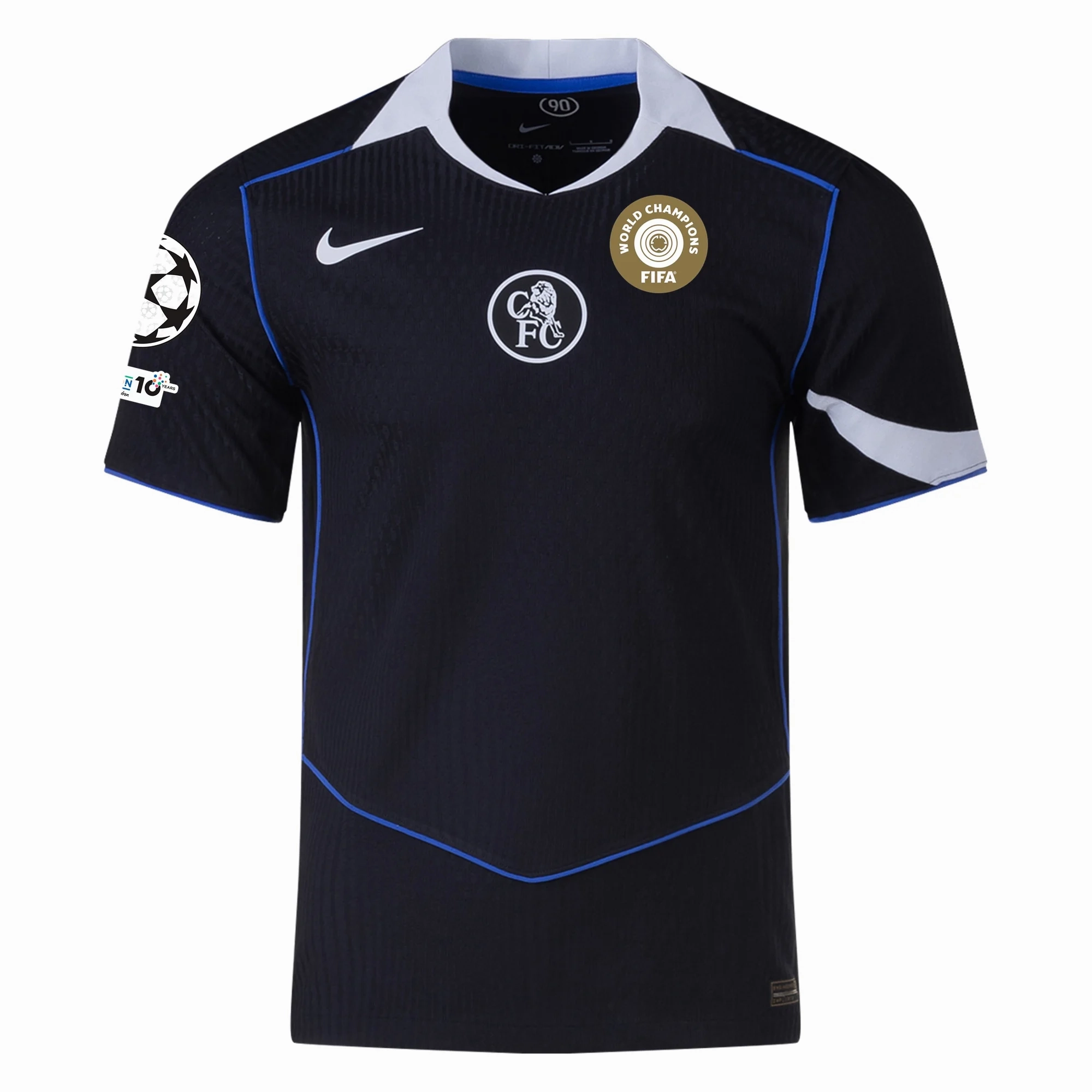 Nike Caicedo Chelsea T90 Authentic Third Jersey w/ Champions League & World Champions Patch 25/26 (Black/Silver) Vapor Transfer Fabric
